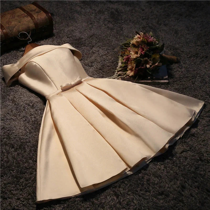 Cute Short Champagne Satin Party Dress Off Shoulder Prom Dresses simple gentle atmospheric and unique desi Bring summer colors to enhance whiteness by YiHuiw