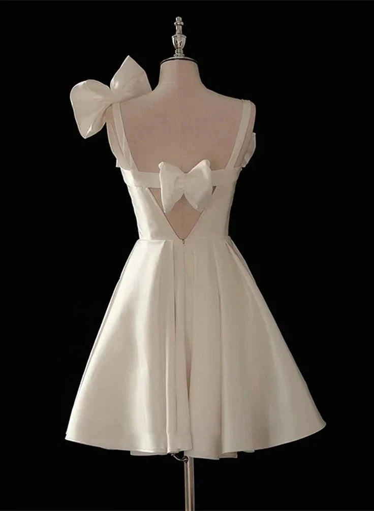 Cute Short Satin Knee Length Party Dress with Bow Graduation Homecoming Dress simple gentle atmospheric and unique desi Brin by YiHuiw