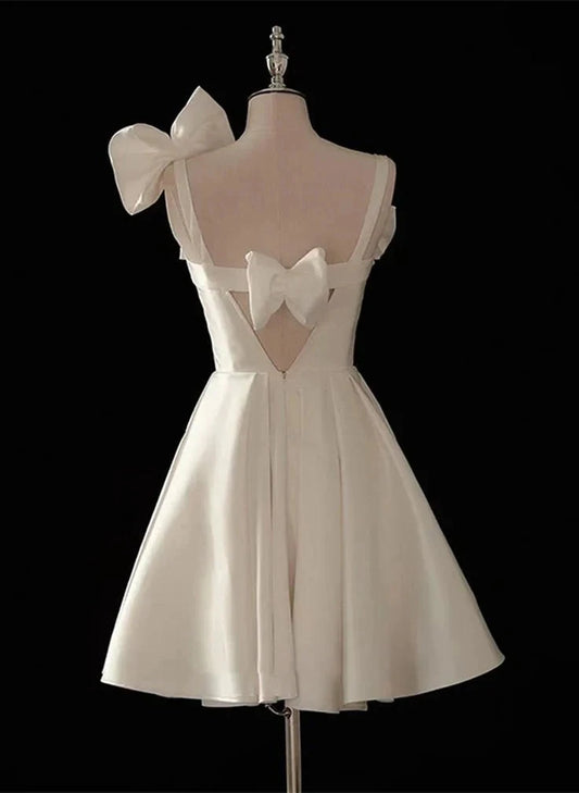 Cute Short Satin Knee Length Party Dress with Bow Graduation Homecoming Dress simple gentle atmospheric and unique desi Brin by YiHuiw