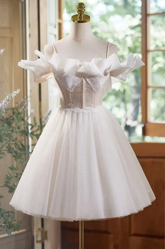 Cute Spaghetti Strap Tulle Lace Homecoming Dress Off Shoulder Short Prom Dress simple gentle atmospheric and unique desi Bring summer by YiHuiw