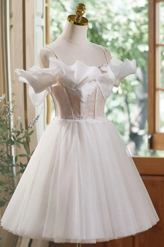 Cute Spaghetti Strap Tulle Lace Homecoming Dress Off Shoulder Short Prom Dress simple gentle atmospheric and unique desi Bring summer by YiHuiw
