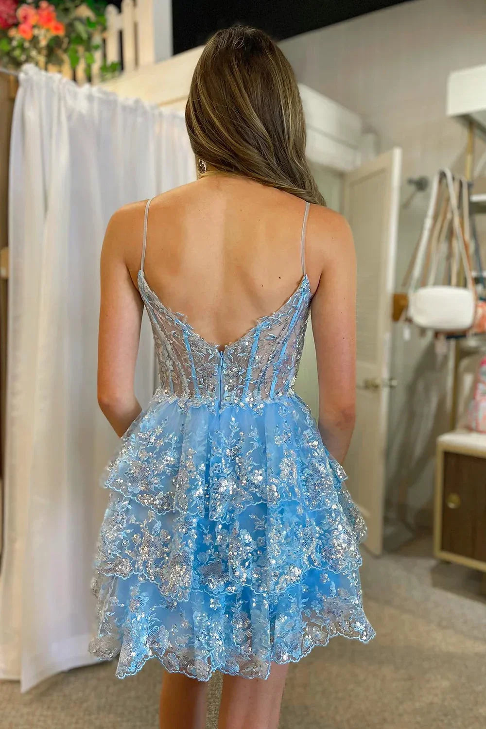 Light Blue Floral Homecoming Dress with Sweetheart Neckline – Tiered Fit and Flare Cocktail Mini Dress