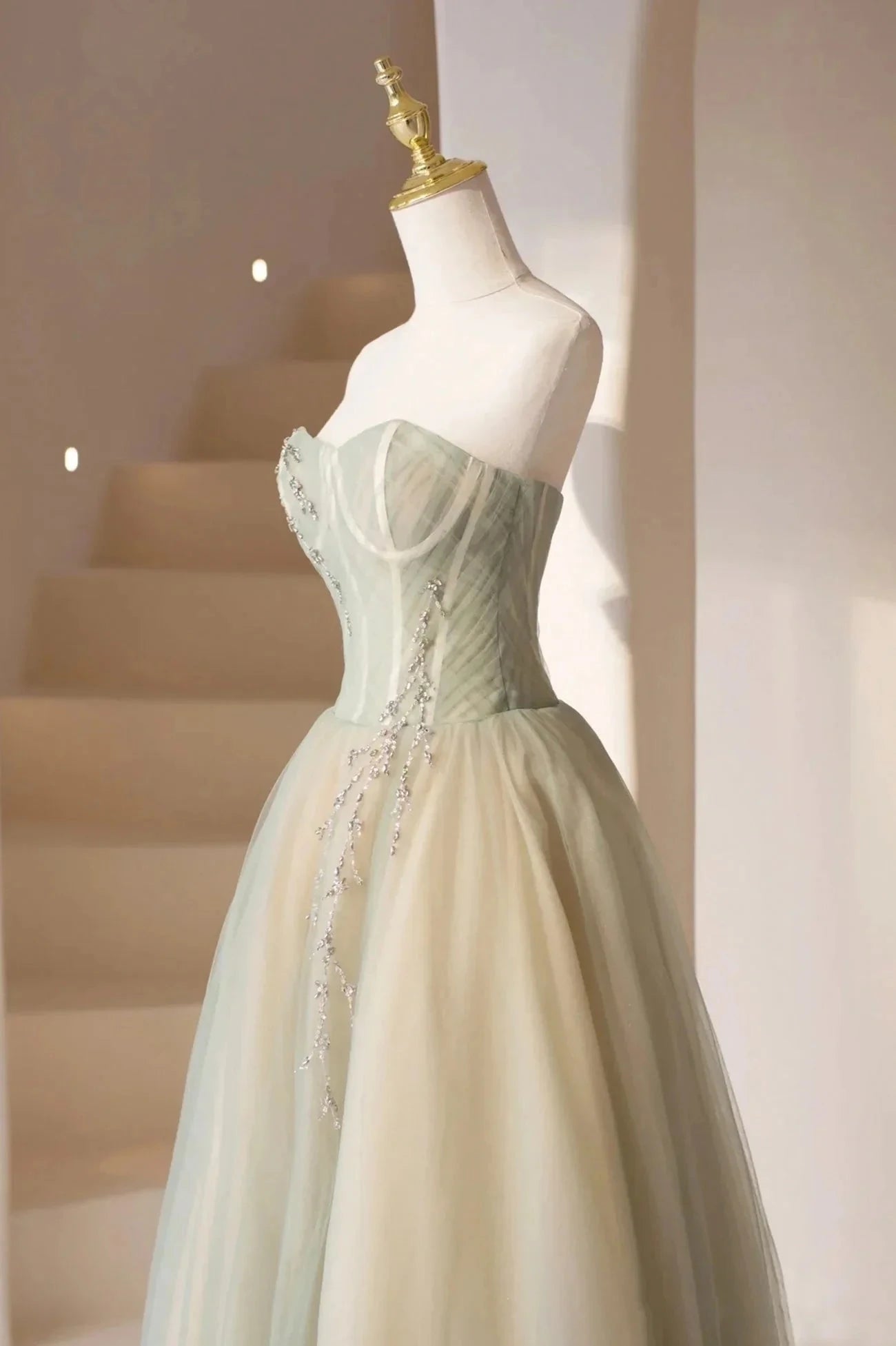 Cute Tulle Tea Length Prom Dress Green A-Line Strapless Evening Party Dress simple gentle atmospheric and unique desi Bring summer colors to enhance whitenes by YiHuiw
