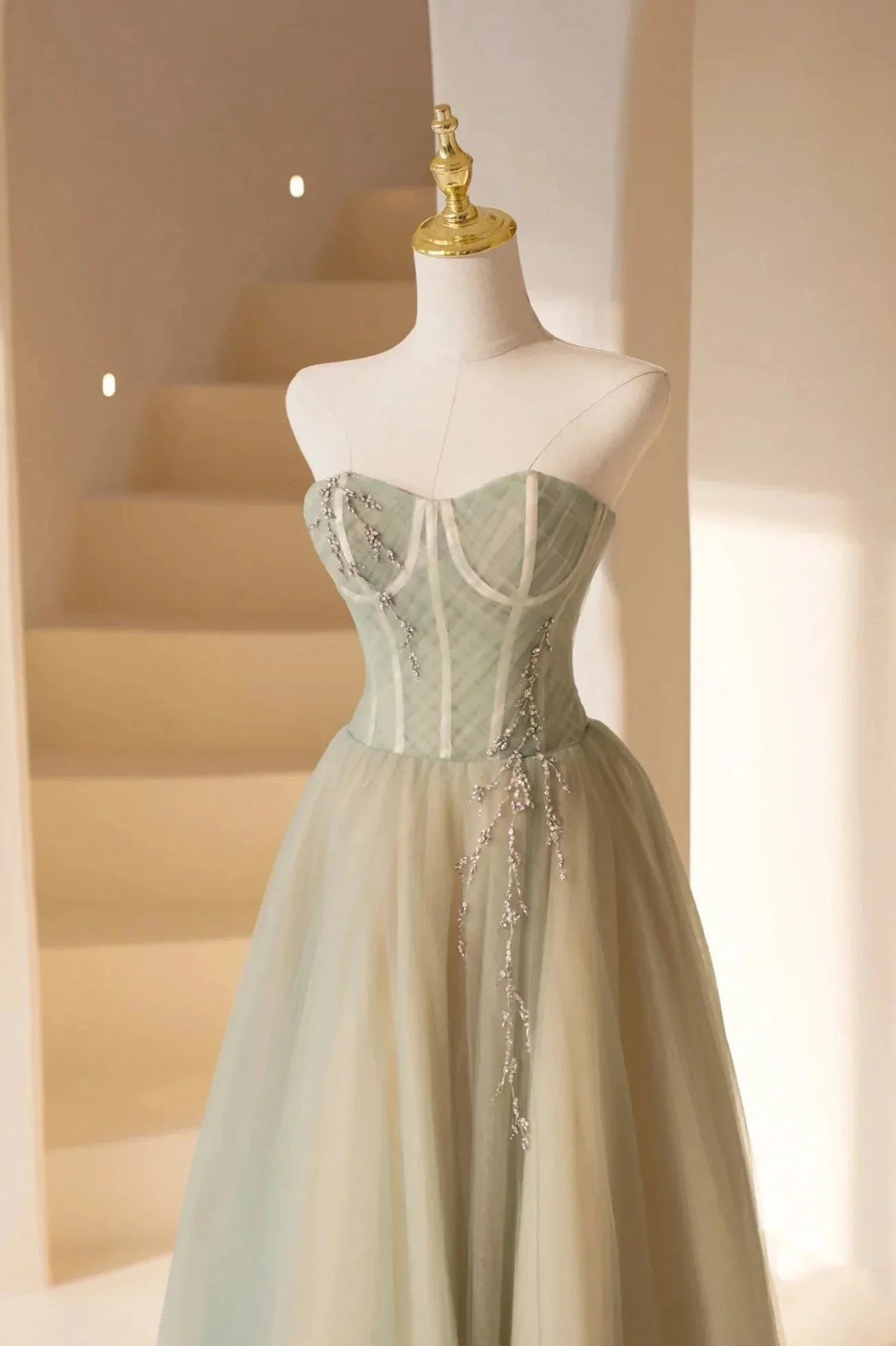 Cute Tulle Tea Length Prom Dress Green A-Line Strapless Evening Party Dress simple gentle atmospheric and unique desi Bring summer colors to enhance whitenes by YiHuiw