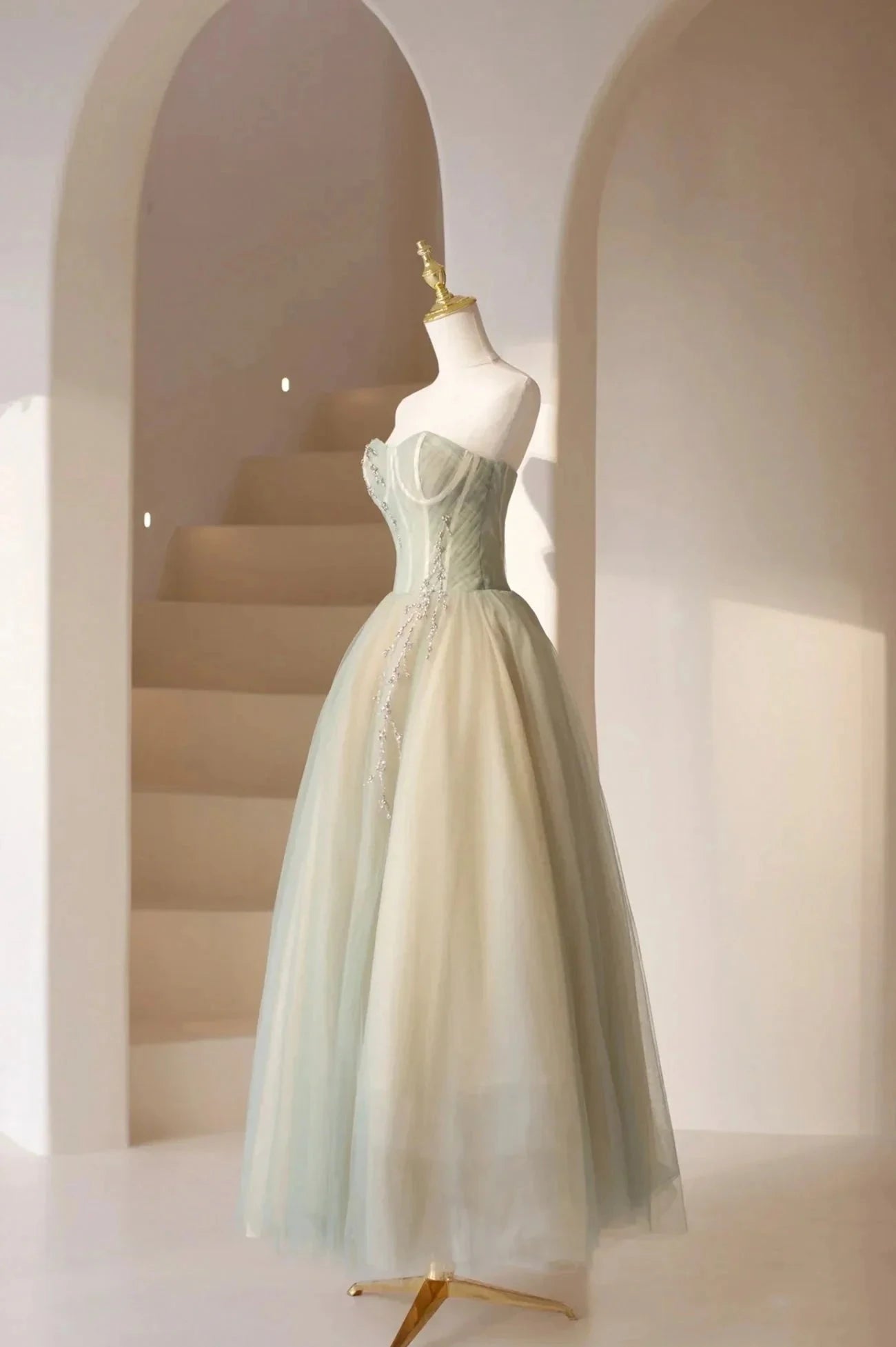 Cute Tulle Tea Length Prom Dress Green A-Line Strapless Evening Party Dress simple gentle atmospheric and unique desi Bring summer colors to enhance whitenes by YiHuiw