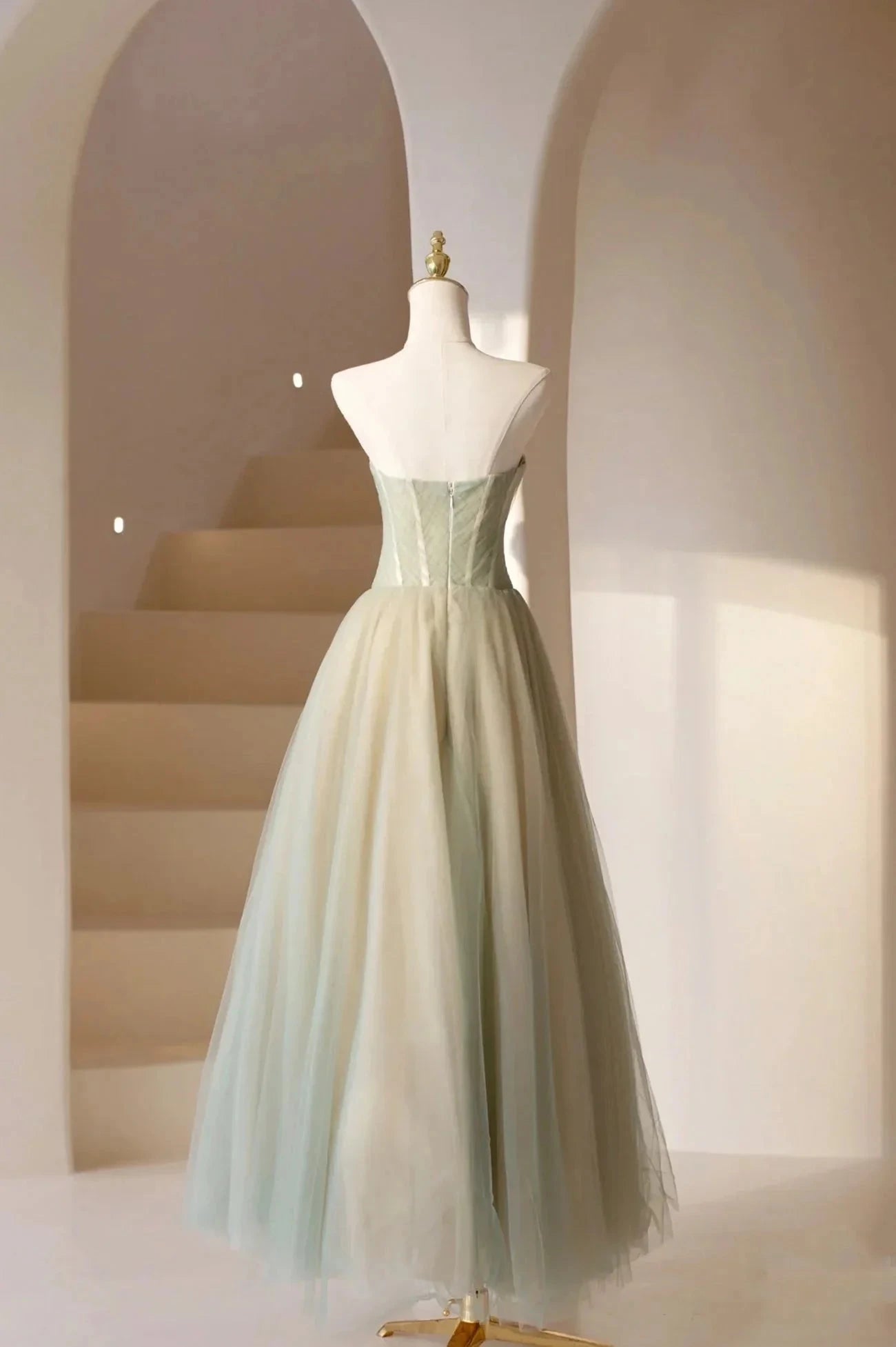 Cute Tulle Tea Length Prom Dress Green A-Line Strapless Evening Party Dress simple gentle atmospheric and unique desi Bring summer colors to enhance whitenes by YiHuiw