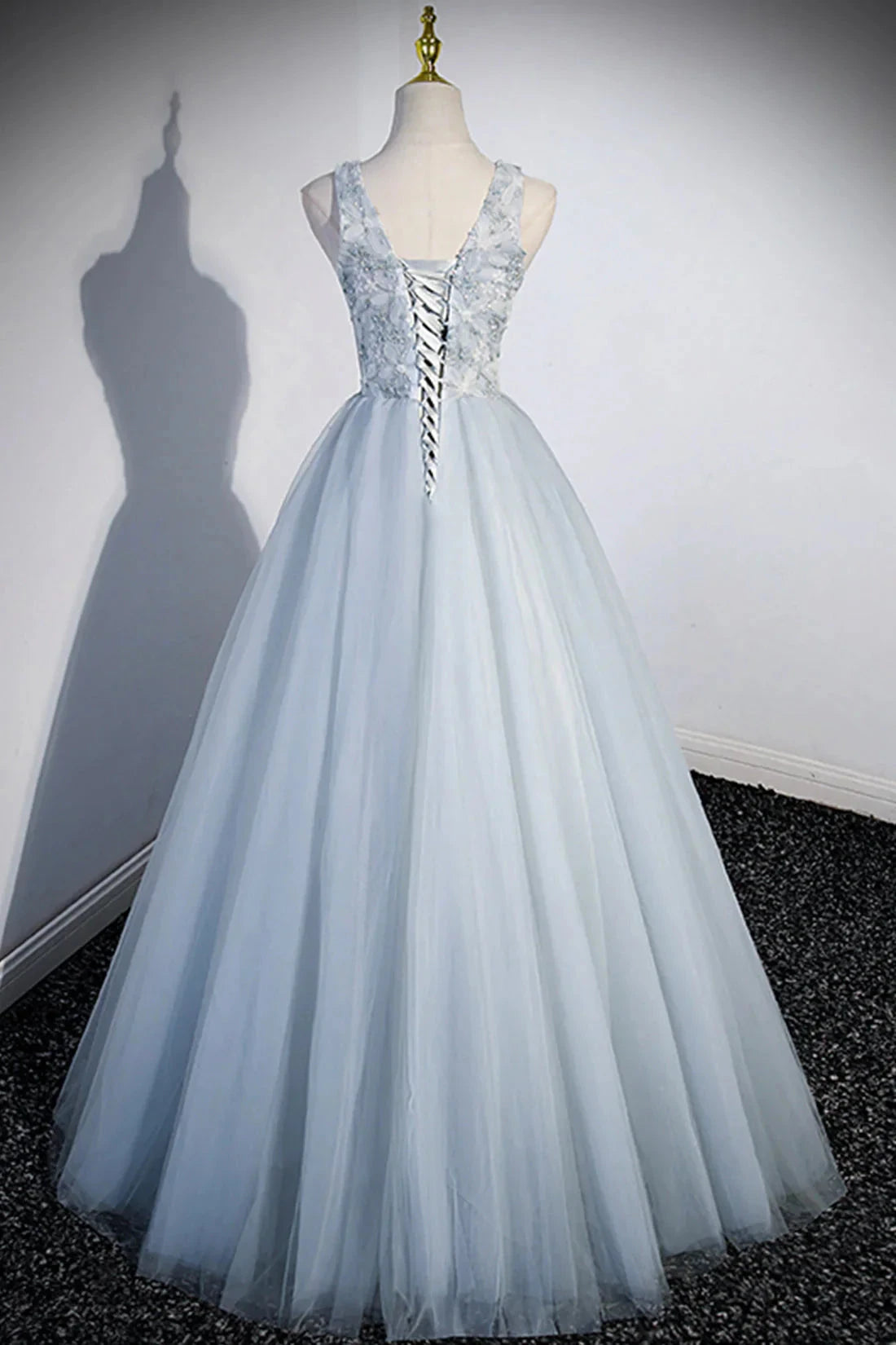 Cute V-Neck Tulle Long Prom Dress Gray Evening Dress Party Dress simple gentle atmospheric and unique desi Bring summer colors to enhance white by YiHuiw