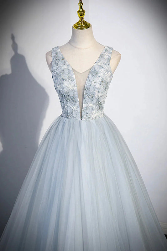 Cute V-Neck Tulle Long Prom Dress Gray Evening Dress Party Dress simple gentle atmospheric and unique desi Bring summer colors to enhance white by YiHuiw