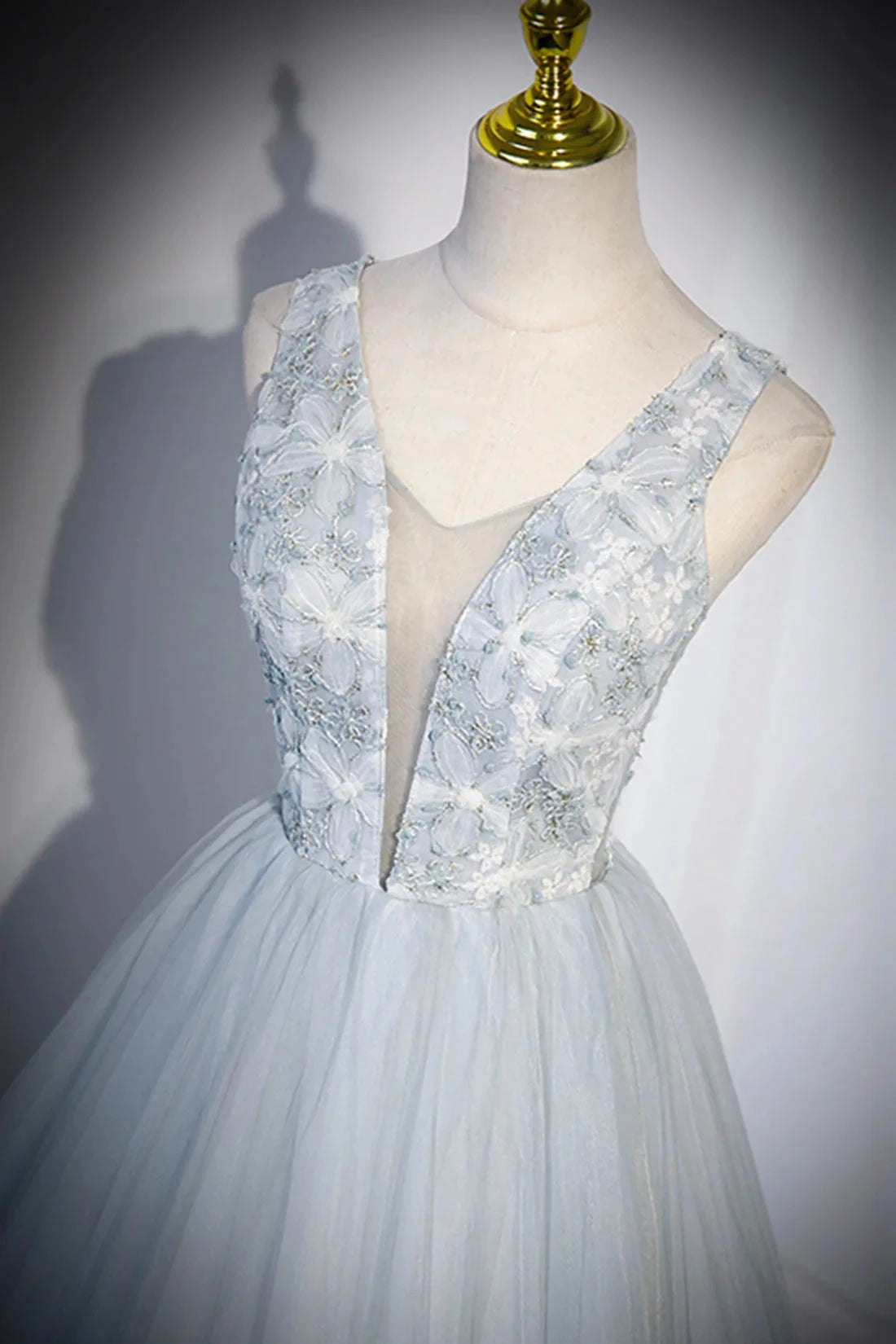 Cute V-Neck Tulle Long Prom Dress Gray Evening Dress Party Dress simple gentle atmospheric and unique desi Bring summer colors to enhance white by YiHuiw