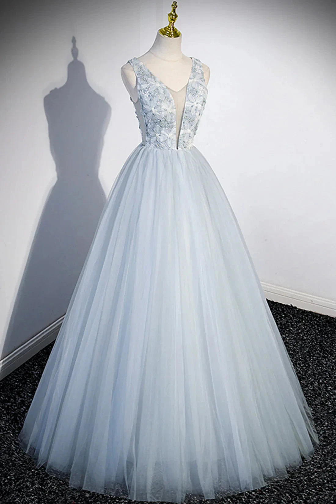 Cute V-Neck Tulle Long Prom Dress Gray Evening Dress Party Dress simple gentle atmospheric and unique desi Bring summer colors to enhance white by YiHuiw