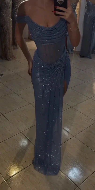 Sparkly Mermaid Off The Shoulder Blue Sequin Long Slit Evening Party Gowns Evening Dress Special Formal Dresses Prom Dress by YiHuiw