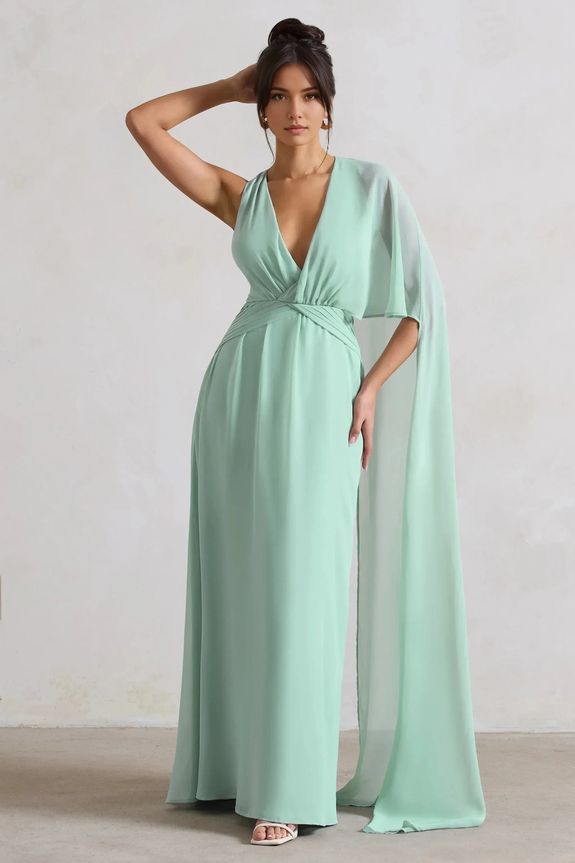 Daring A Line Deep V Neck Asymmetrical Cape Sleeve Plus Size Floor Length Evening Dress by YiHuiw