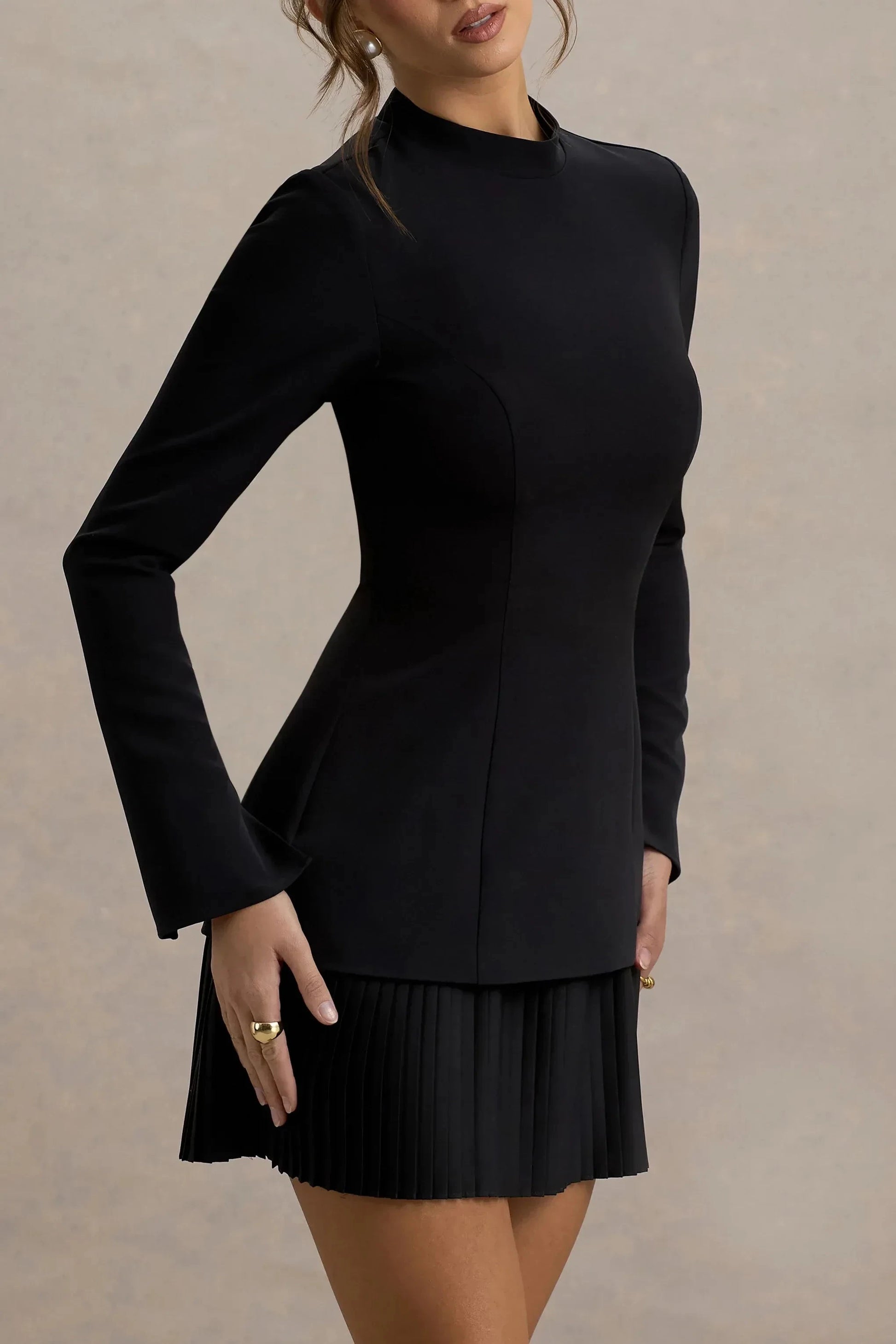 Daring A Line Mock Neck Long Sleeve Pleated Accent Short Prom Dress by YiHuiw