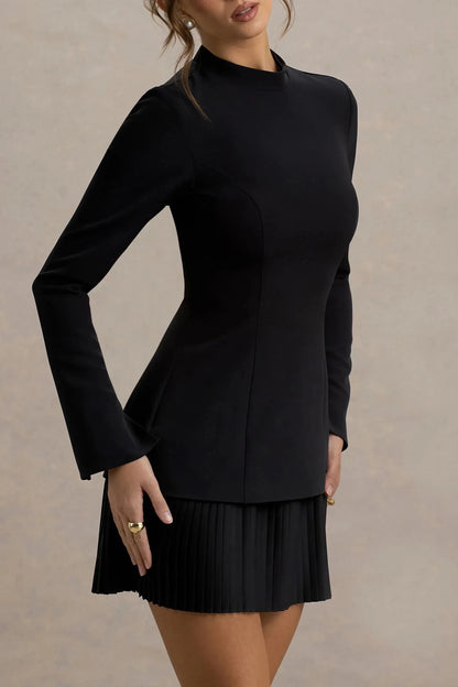 Daring A Line Mock Neck Long Sleeve Pleated Accent Short Prom Dress by YiHuiw