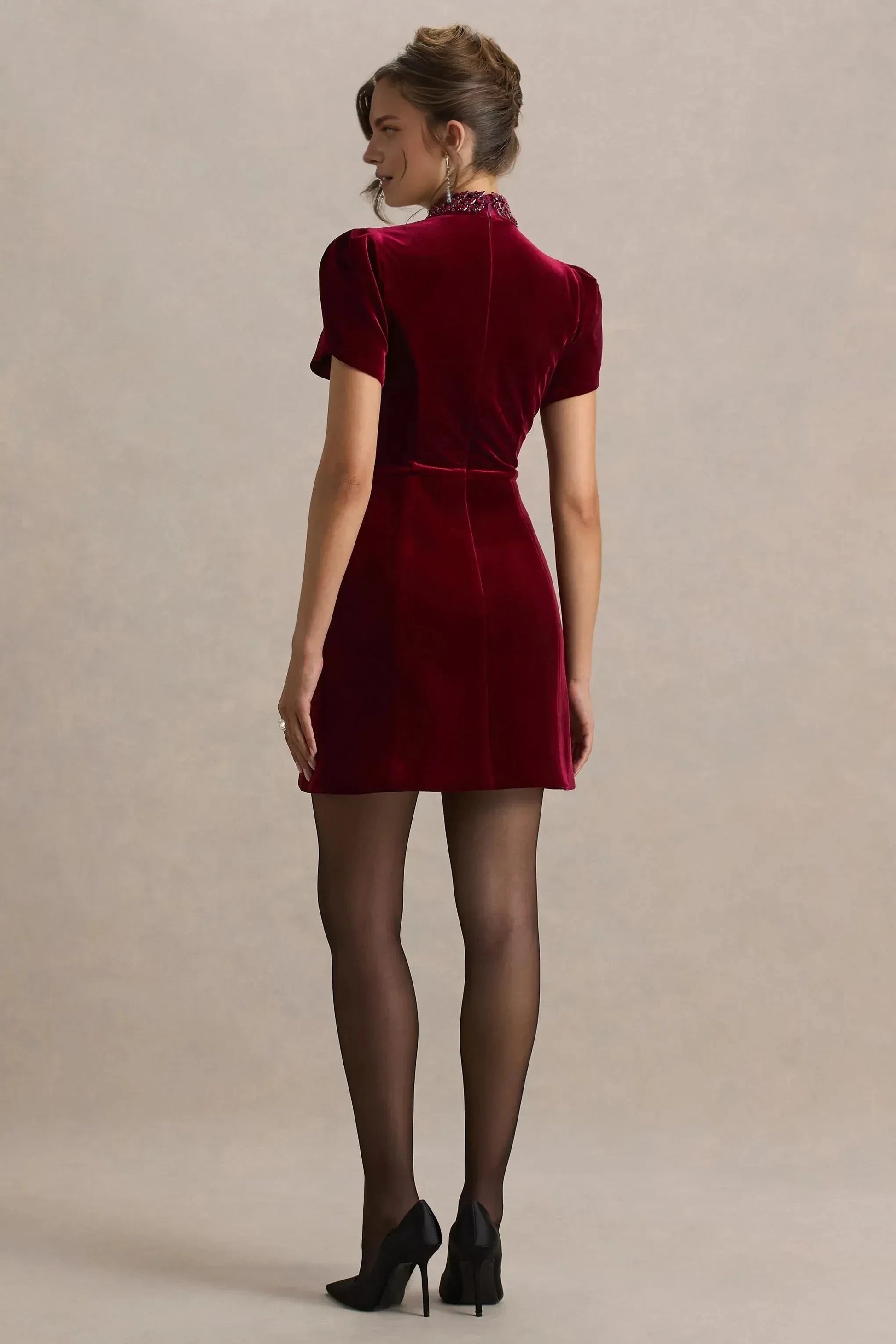 Daring A Line Mock Neck Puff Sleeve Crystal Accent Short Prom Dress by YiHuiw