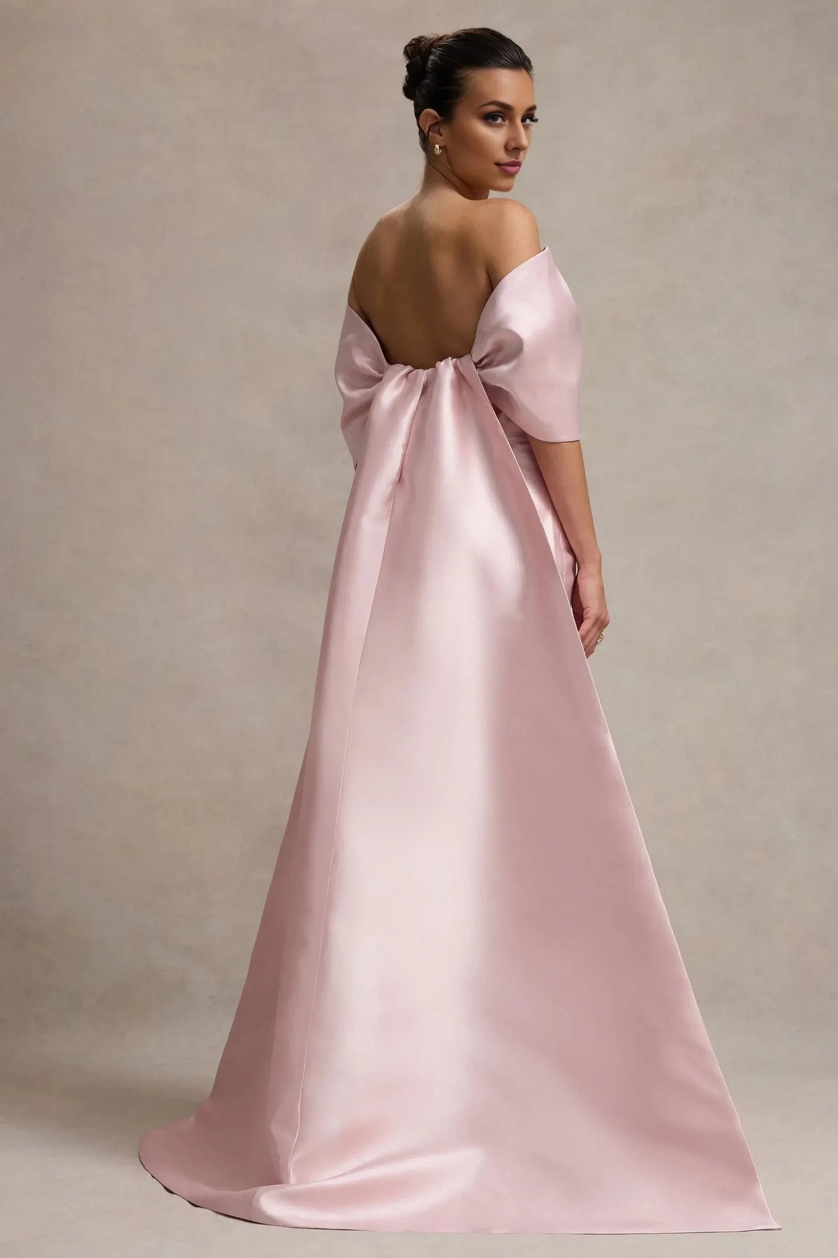 Daring A Line Off Shoulder Bow Accent Short Sleeve Open Back Floor Length Prom Dress by YiHuiw