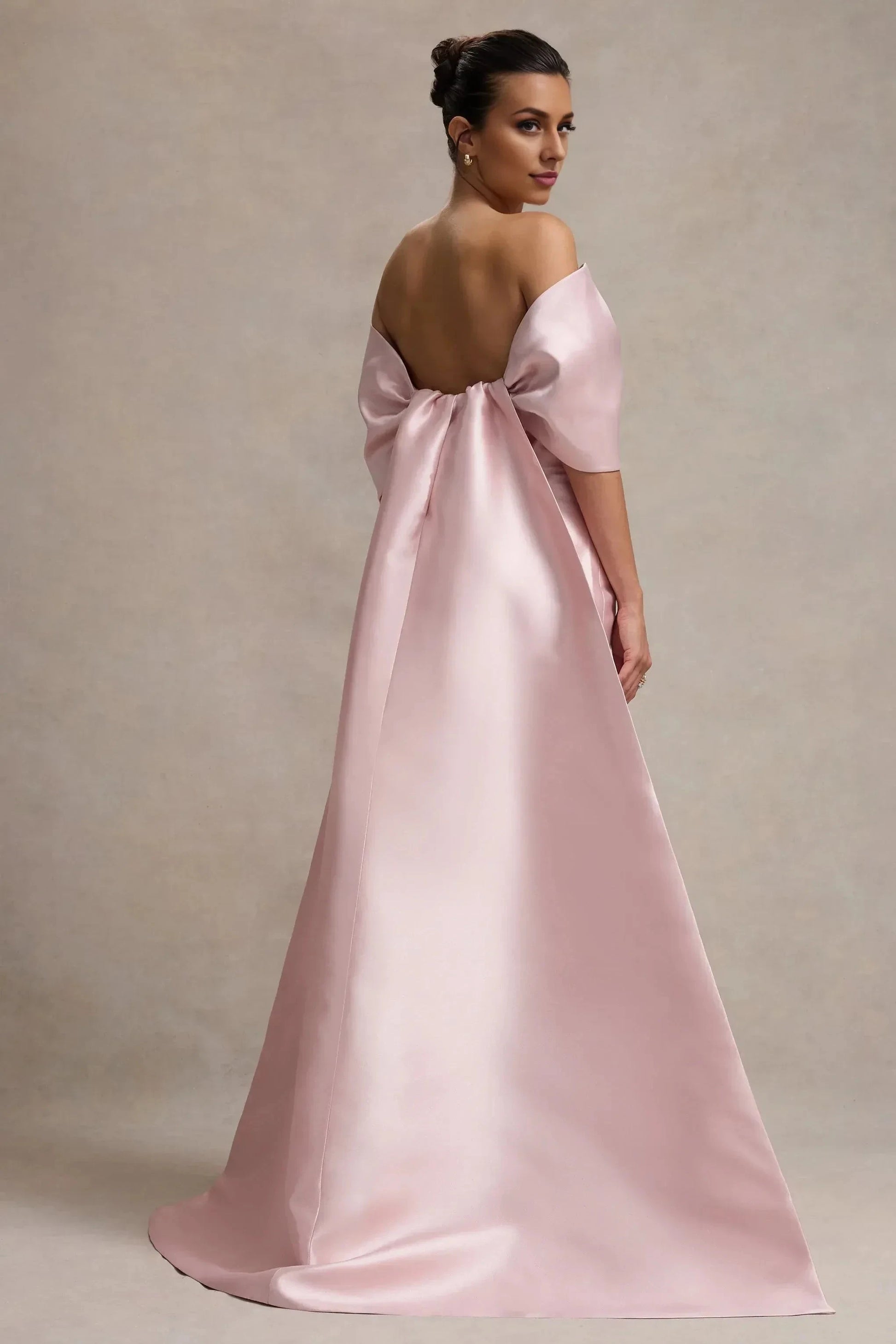 Daring A Line Off Shoulder Bow Accent Short Sleeve Open Back Floor Length Prom Dress by YiHuiw