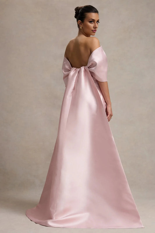 Daring A Line Off Shoulder Bow Accent Short Sleeve Open Back Floor Length Prom Dress by YiHuiw
