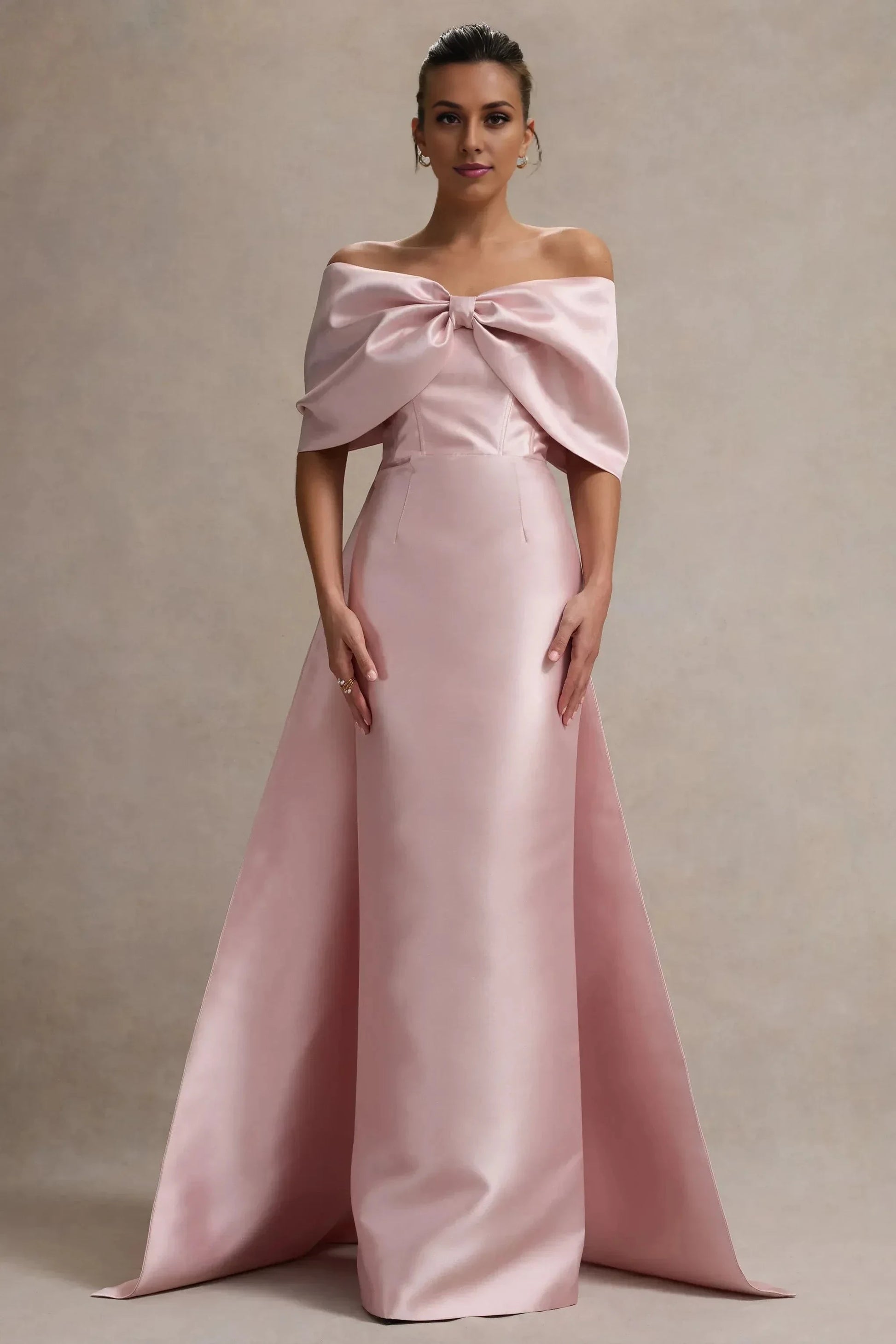 Daring A Line Off Shoulder Bow Accent Short Sleeve Open Back Floor Length Prom Dress by YiHuiw