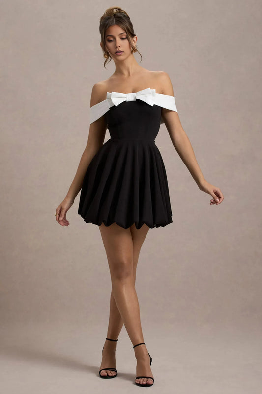 Daring A Line Off Shoulder Sleeveless Bow Accent Mini Short Prom Dress by YiHuiw