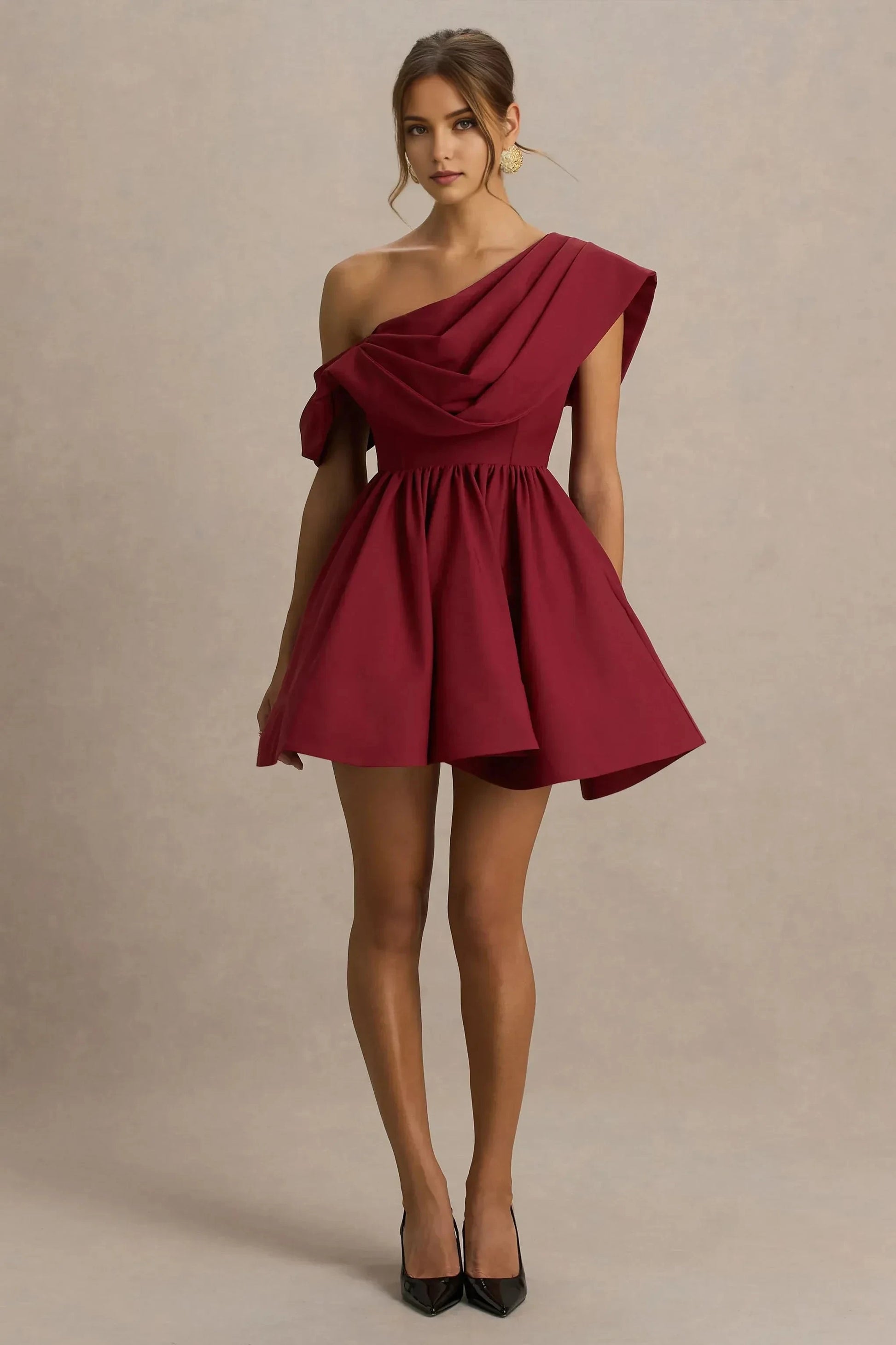 Daring A Line One Shoulder Dramatic Drape Accent Short Prom Dress by YiHuiw