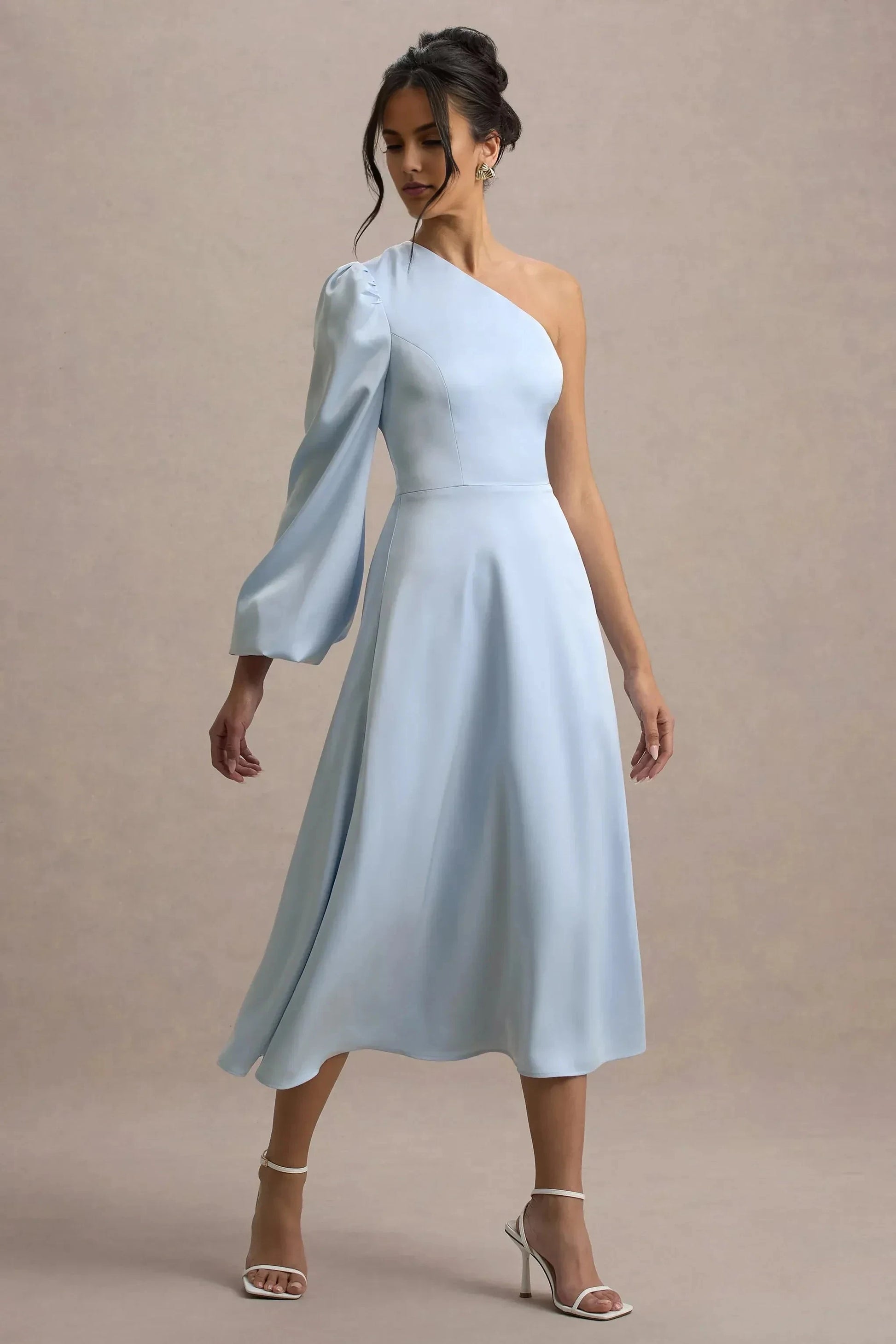 Daring A Line One Shoulder Puff Sleeve Open Back Midi Prom Dress by YiHuiw