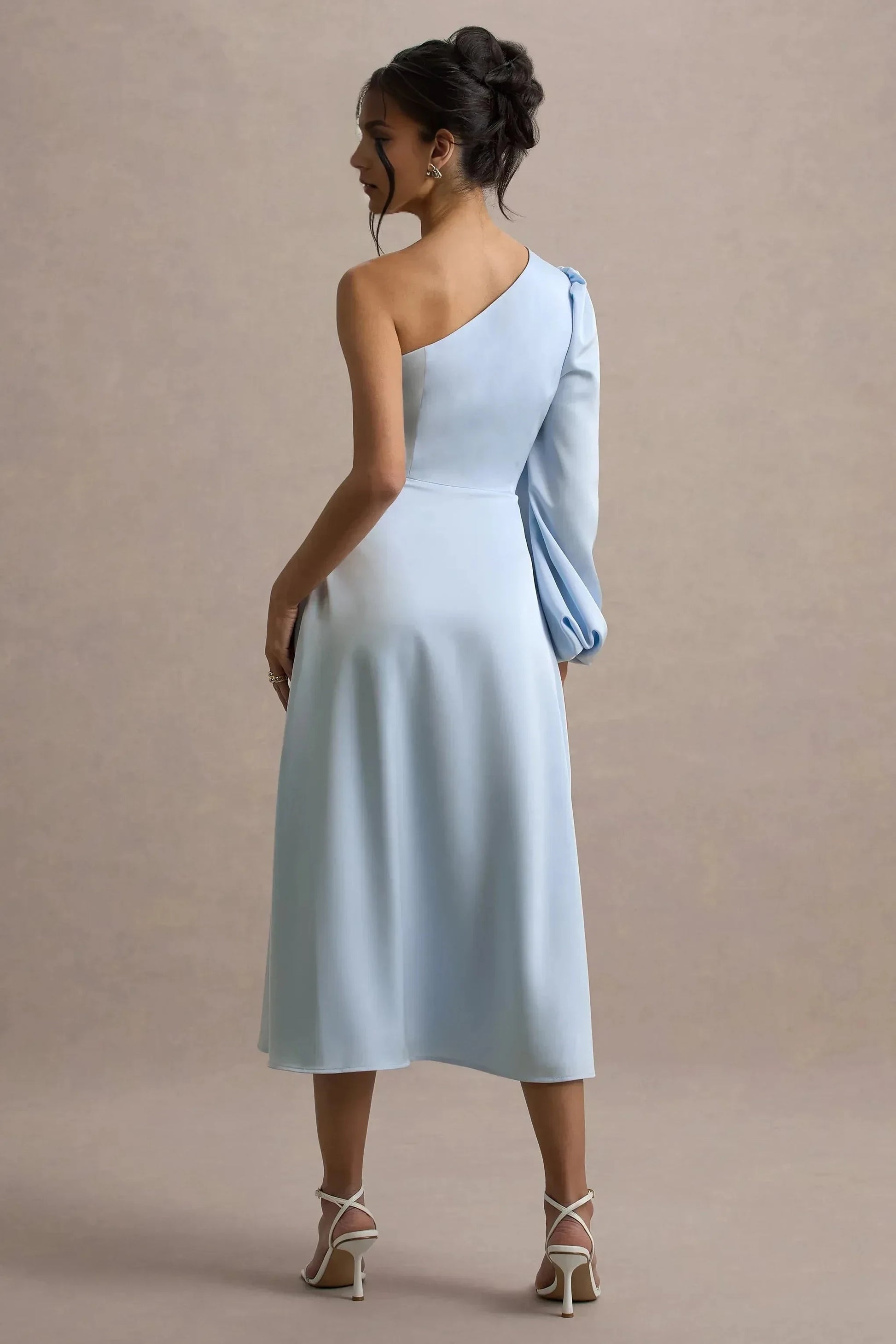 Daring A Line One Shoulder Puff Sleeve Open Back Midi Prom Dress by YiHuiw