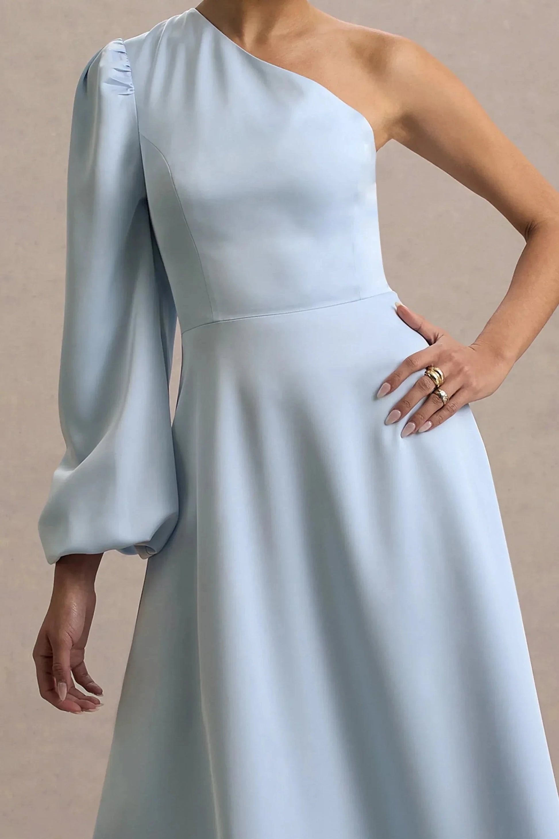 Daring A Line One Shoulder Puff Sleeve Open Back Midi Prom Dress by YiHuiw