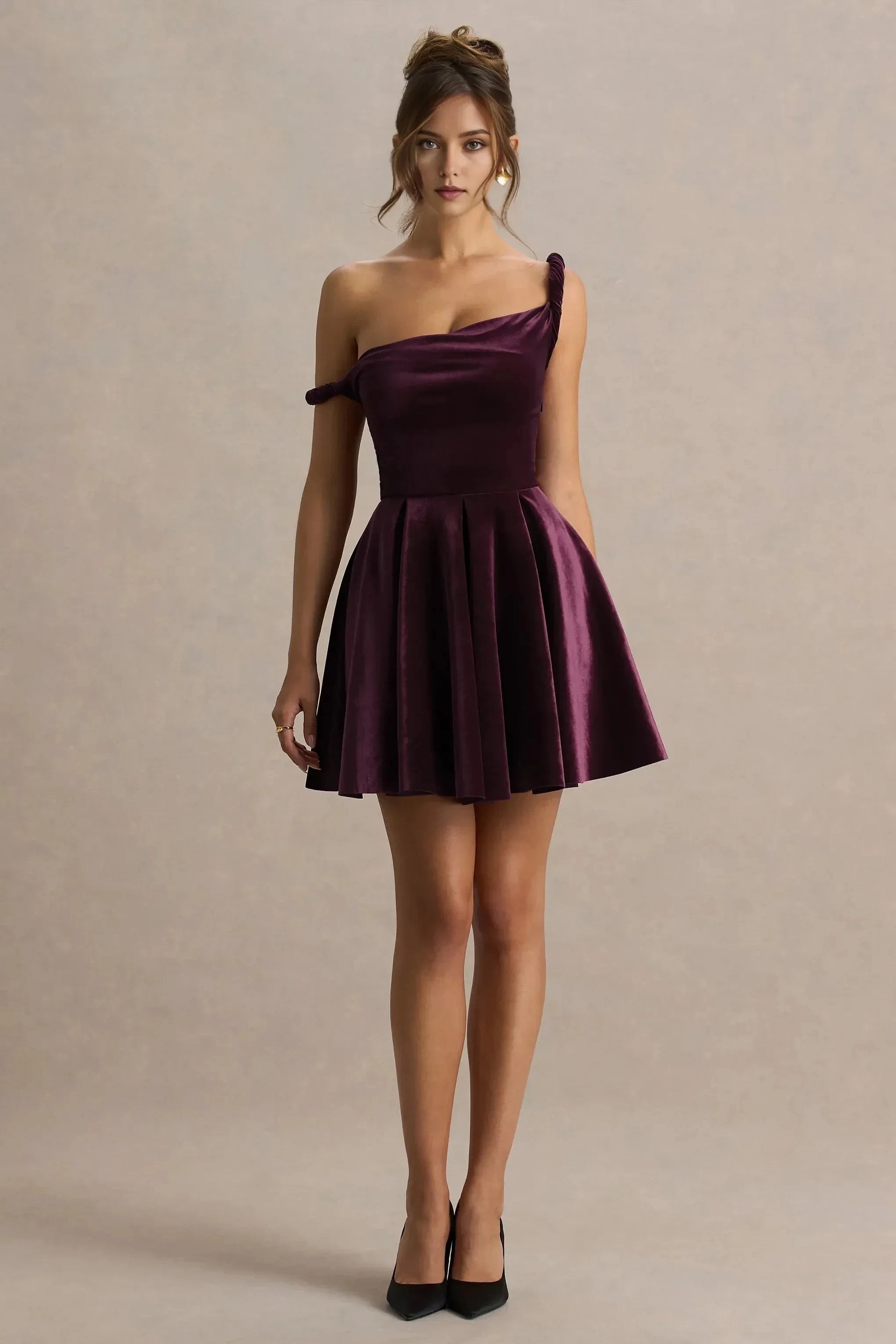 Daring A Line One Shoulder Twisted Strap Velvet Accent Short Prom Dress by YiHuiw