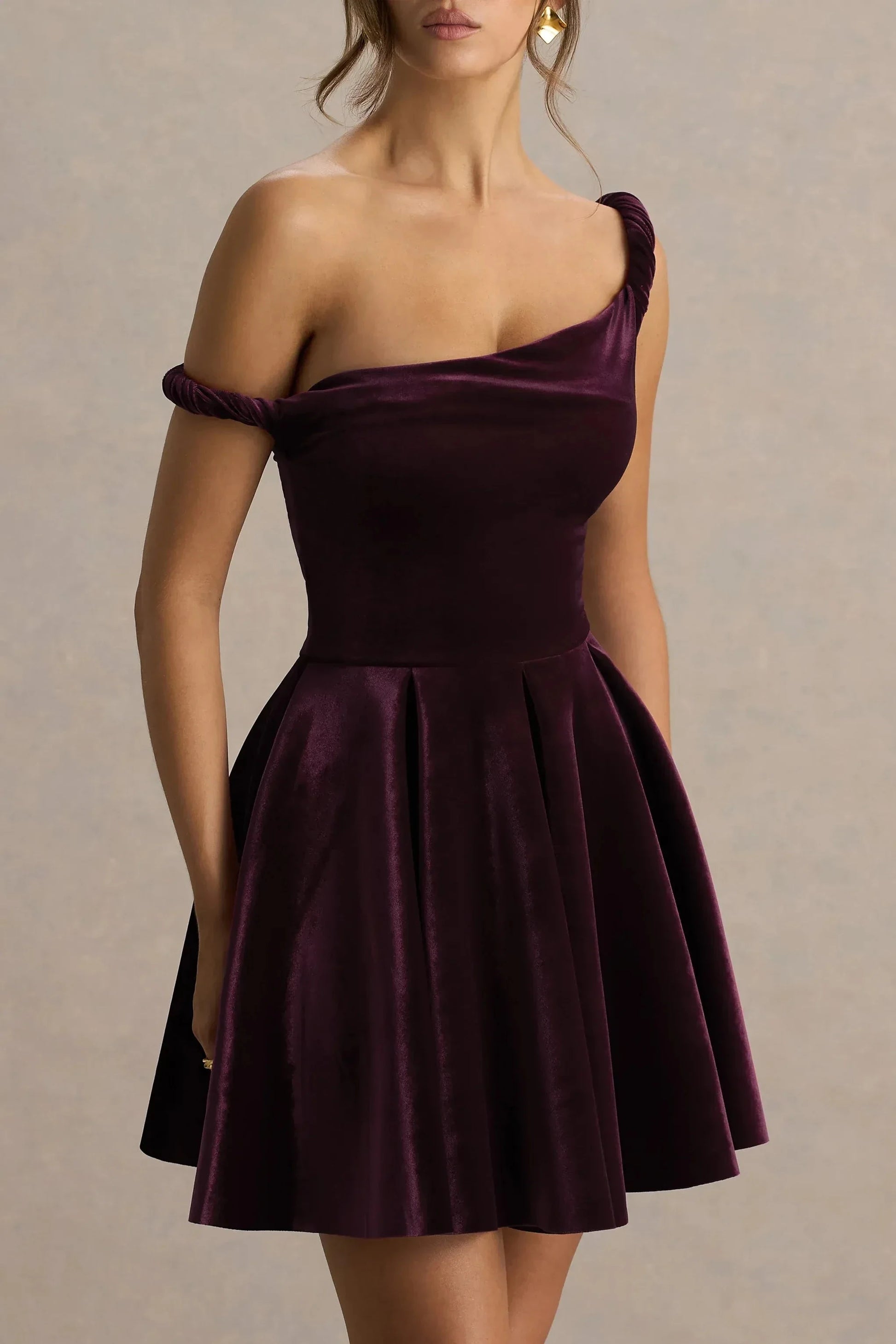 Daring A Line One Shoulder Twisted Strap Velvet Accent Short Prom Dress by YiHuiw