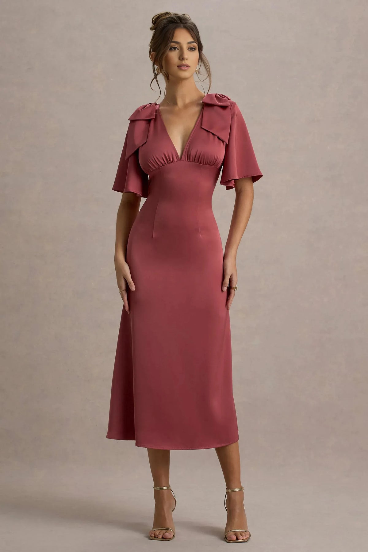 Daring A Line Plunge Neck Flutter Sleeve Bow Accent Midi Prom Dress by YiHuiw