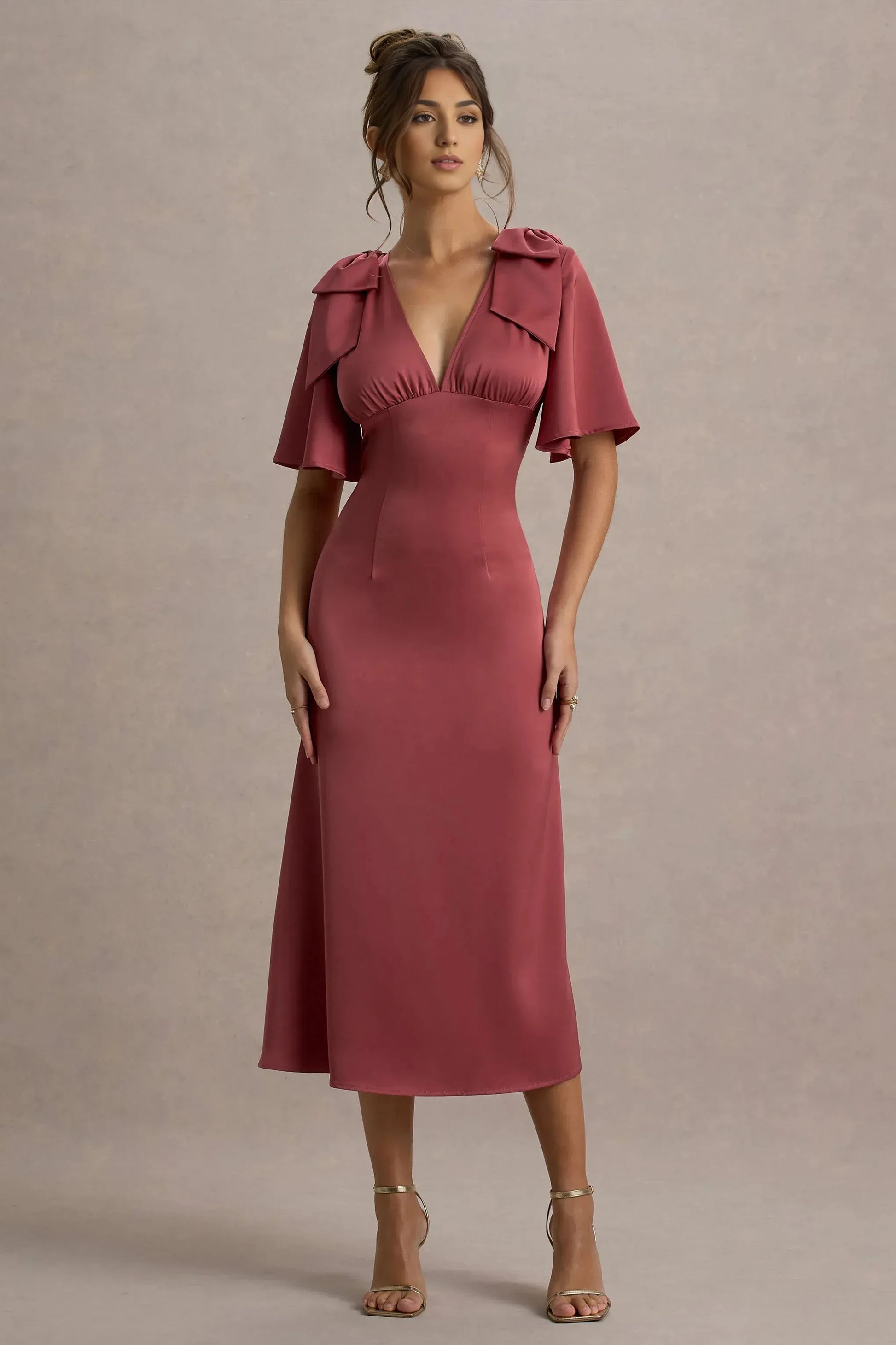 Daring A Line Plunge Neck Flutter Sleeve Bow Accent Midi Prom Dress by YiHuiw