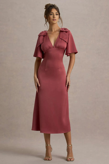Daring A Line Plunge Neck Flutter Sleeve Bow Accent Midi Prom Dress by YiHuiw