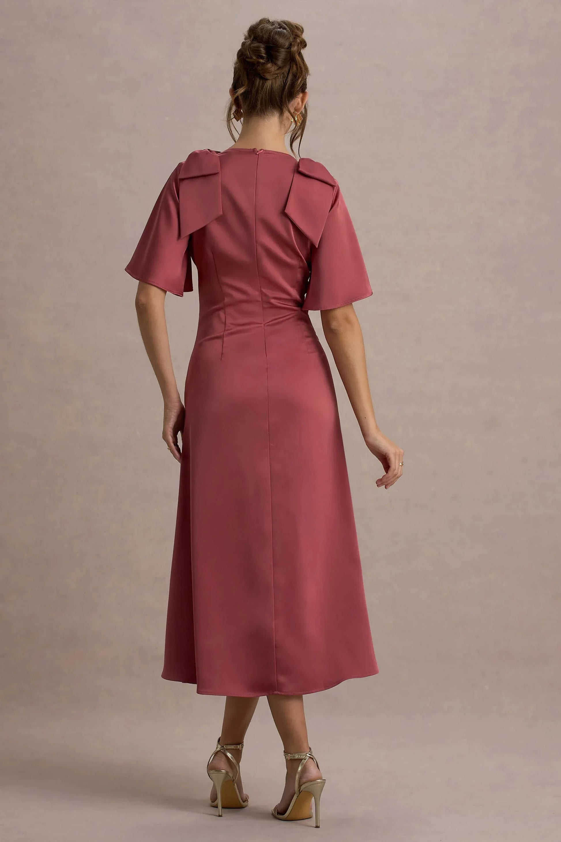 Daring A Line Plunge Neck Flutter Sleeve Bow Accent Midi Prom Dress by YiHuiw