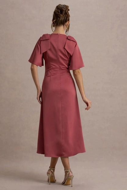 Daring A Line Plunge Neck Flutter Sleeve Bow Accent Midi Prom Dress by YiHuiw