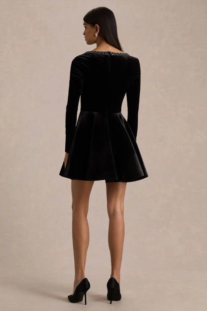 Daring A Line Square Neck Long Sleeve Crystal Trim Velvet Short Prom Dress by YiHuiw