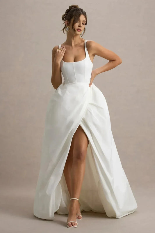 Daring A Line Square Neck Sleeveless Lace Up Back High Slit Floor Length Prom Dress by YiHuiw