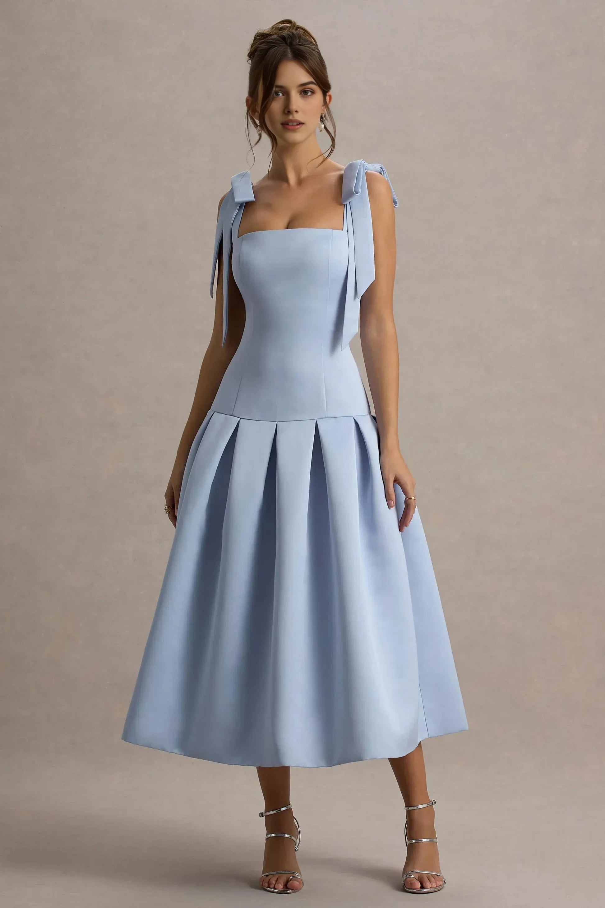 Daring A Line Square Neck Tie Strap Back Zipper Midi Length Plus Size Evening Dress by YiHuiw