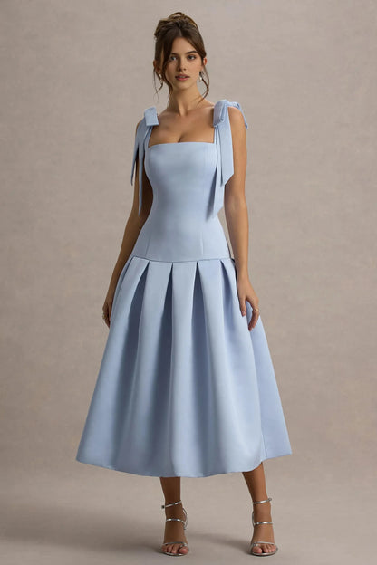 Daring A Line Square Neck Tie Strap Back Zipper Midi Length Plus Size Evening Dress by YiHuiw