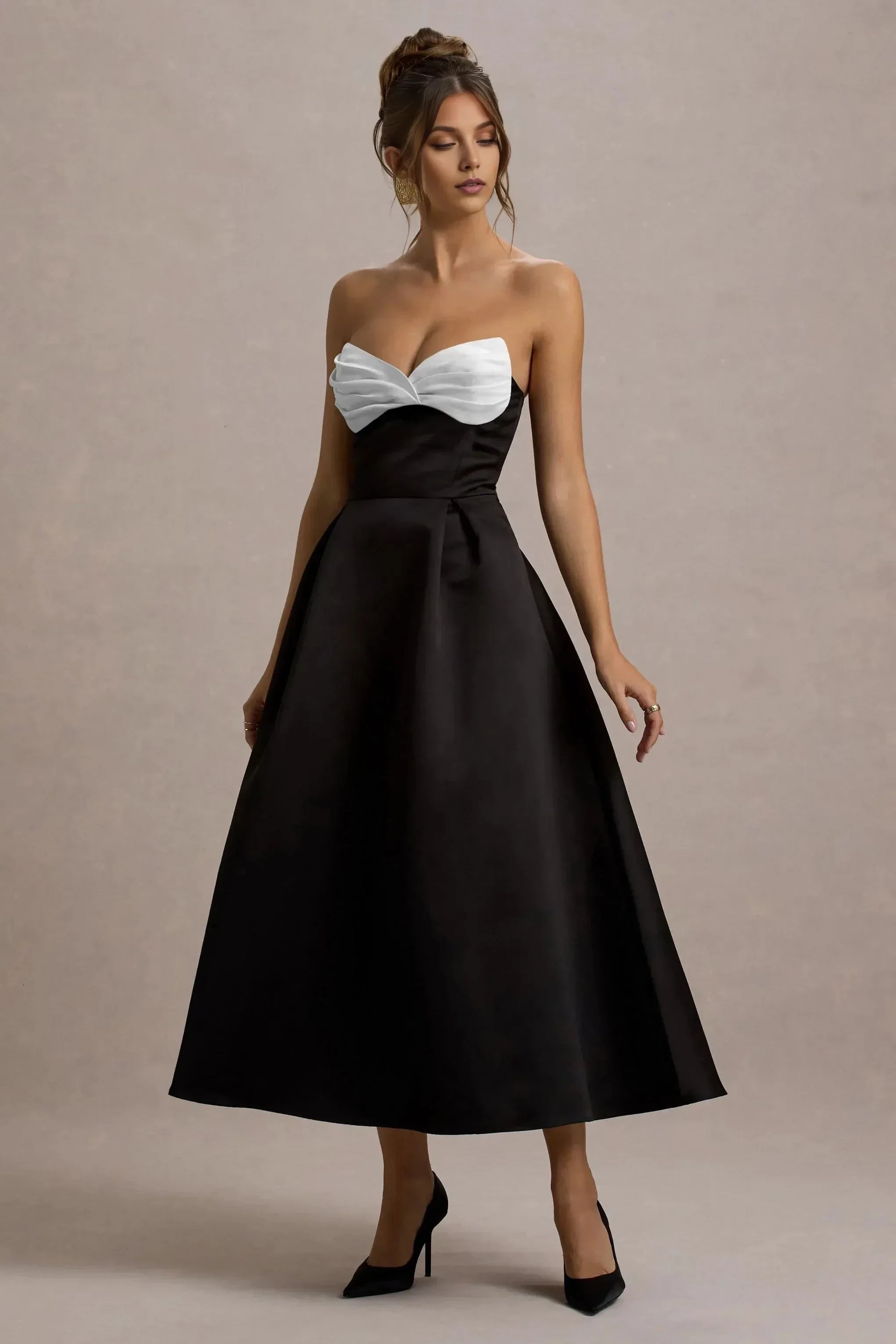 Daring A Line Strapless Sleeveless Color Block Accent Midi Prom Dress by YiHuiw