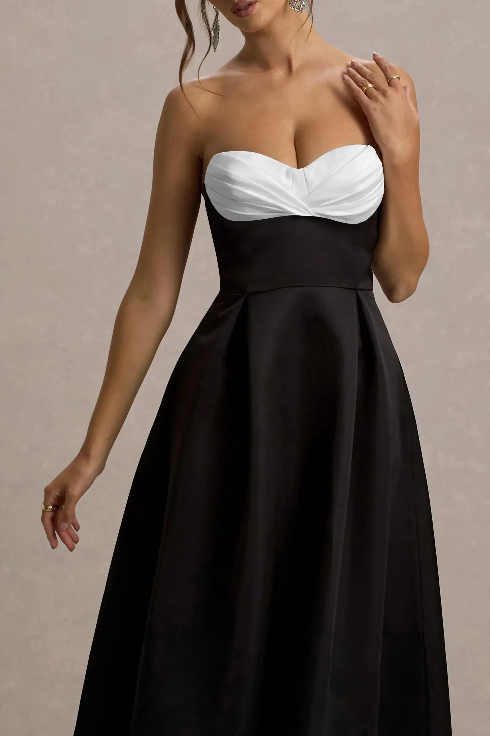 Daring A Line Strapless Sleeveless Color Block Accent Midi Prom Dress by YiHuiw