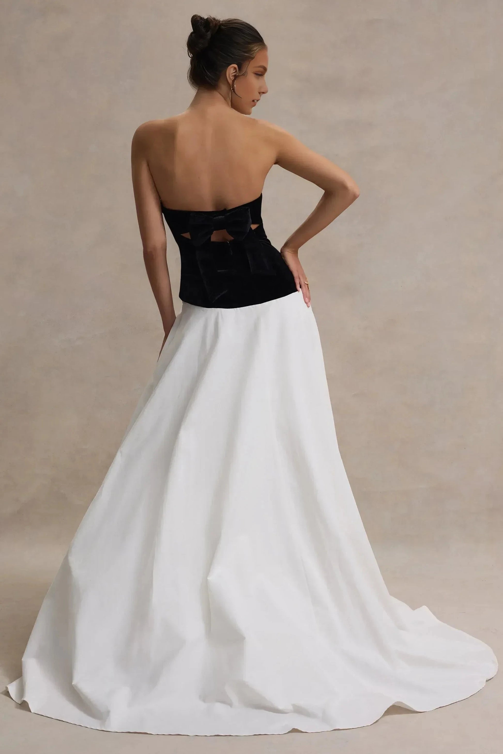 Daring A Line Strapless Sleeveless Color Block Bow Back High Slit Floor Length Prom Dress by YiHuiw