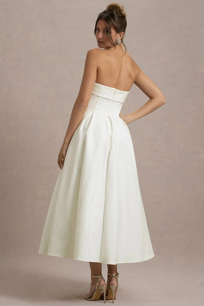 Daring A Line Strapless Sleeveless Open Back Midi Prom Dress by YiHuiw