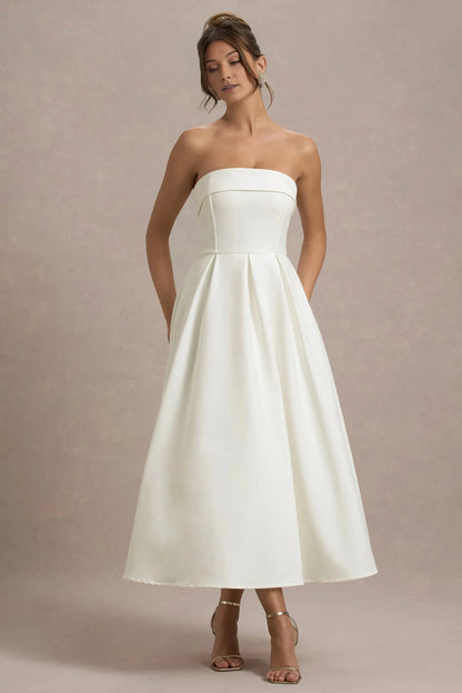 Daring A Line Strapless Sleeveless Open Back Midi Prom Dress by YiHuiw