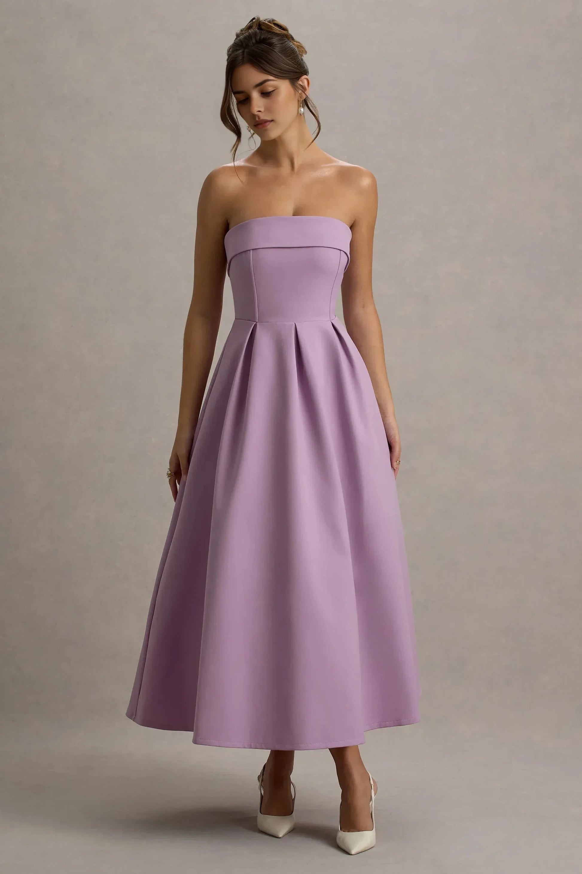 Daring A Line Strapless Sleeveless Zipper Back Midi Prom Dress by YiHuiw