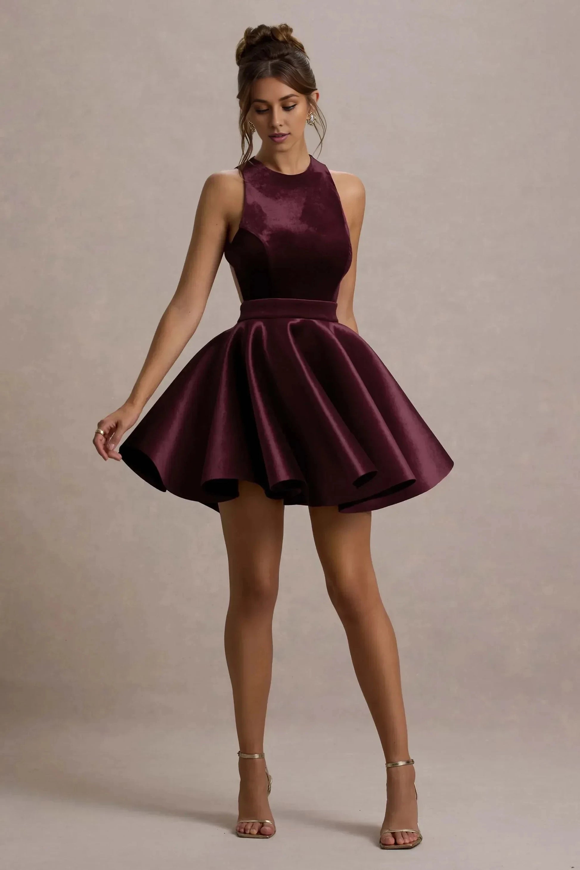 Daring Fit Flare High Neck Sleeveless Open Back Short Prom Dress by YiHuiw