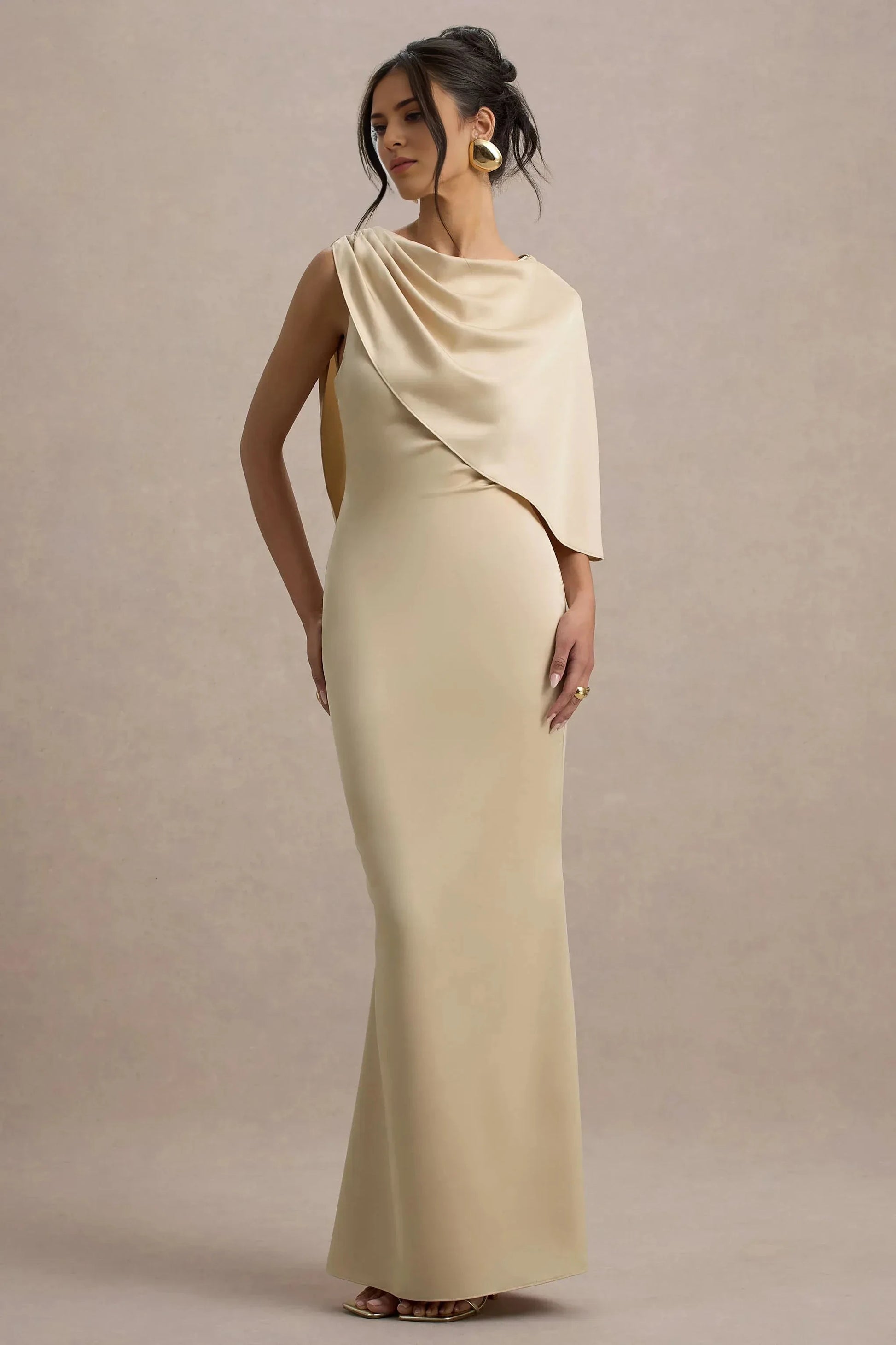 Daring Mermaid Asymmetrical Neck Draped Sleeve Open Back Floor Length Prom Dress by YiHuiw