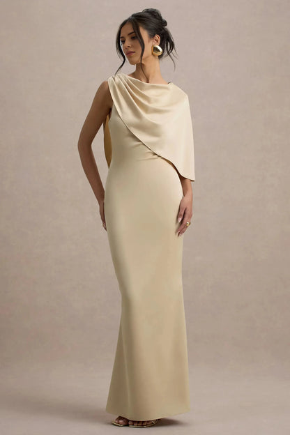 Daring Mermaid Asymmetrical Neck Draped Sleeve Open Back Floor Length Prom Dress by YiHuiw