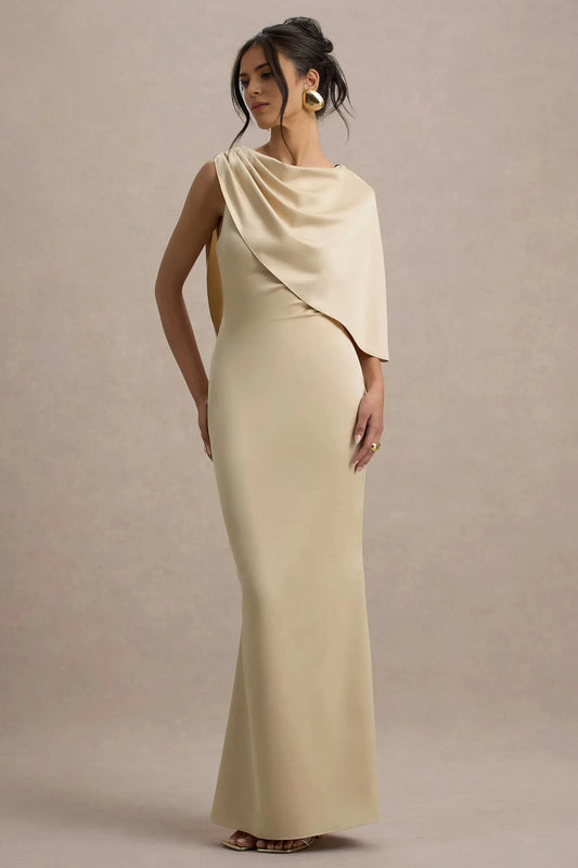 Daring Mermaid Asymmetrical Neck Draped Sleeve Open Back Floor Length Prom Dress by YiHuiw
