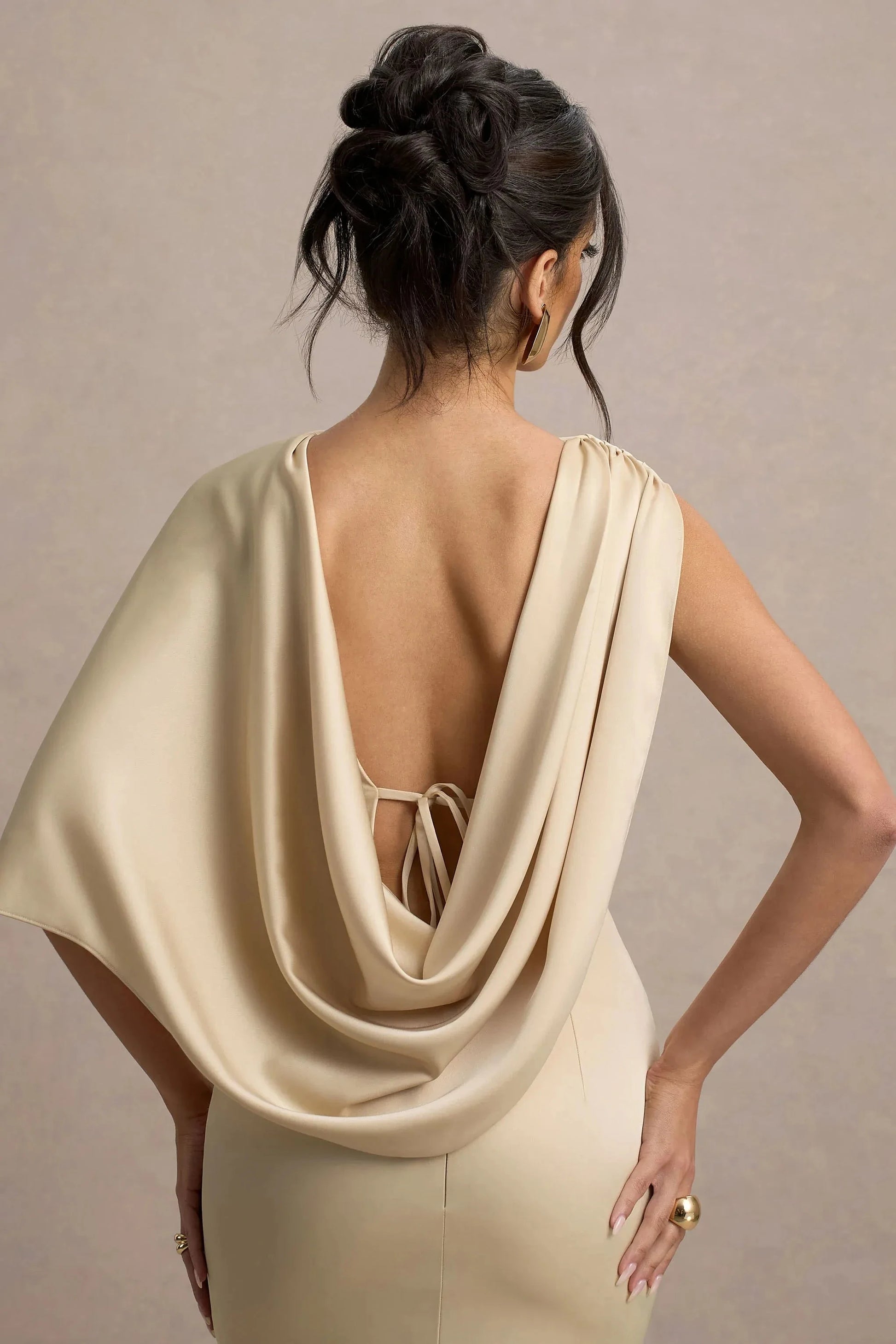 Daring Mermaid Asymmetrical Neck Draped Sleeve Open Back Floor Length Prom Dress by YiHuiw